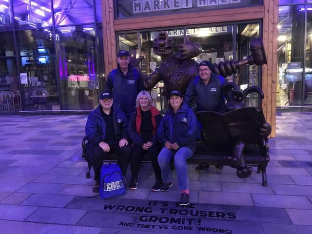 Preston Street Pastors at the Wallace and Gromit statue in Preston Market.  Photo: Paul A Blackett