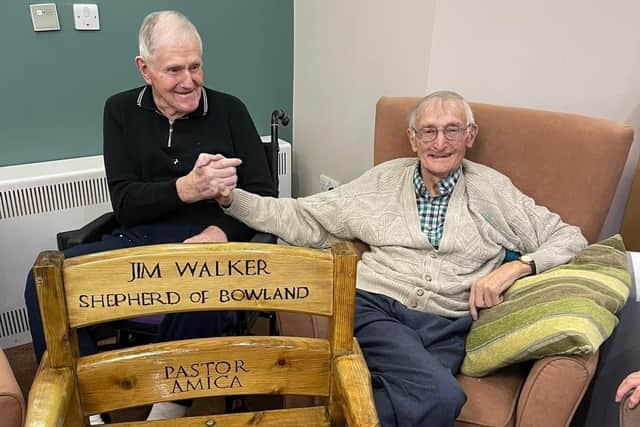 Longridge Care Home residents Jim Walker, 87 (left) and George Holden, 95. George has honoured his century long bond with Jim by working in secret to restore and renovate a weather-beaten garden chair before painstakingly carving the inscription ‘Jim Walker, Shepherd of Bowland’ into the wood. He also added a Latin inscription ‘Pastor Amica’, which means ‘gentle shepherd’
