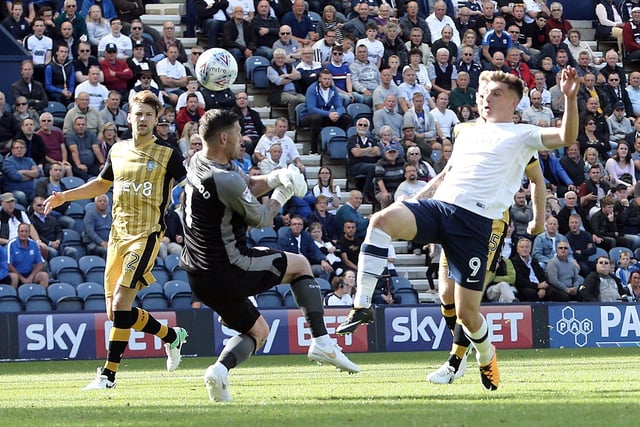 Preston North End's Jordan Hugill chips the ball over Sheffield Wednesday's Keiren Westwood late in the game and receives a yellow card for his troubles.