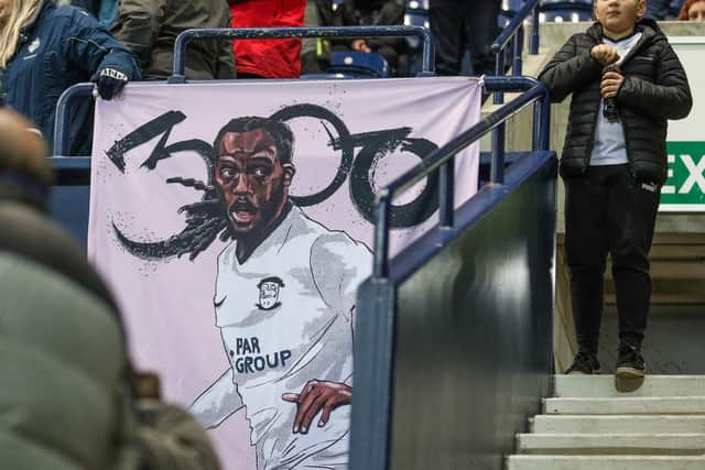 A banner of Preston North End's Daniel Johnson hangs in the stand
