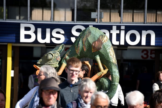Events during the Lancashire Encounter arts festival in Preston city centre
A chameleon puppet duriung Make It Wild at Preston Bus Station
