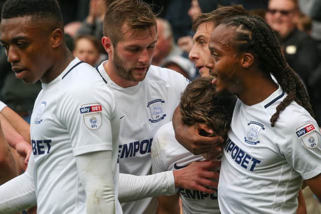 Preston North End's Josh Harrop celebrates scoring his side's first goal with Tom Barkhuizen, Daniel Johnson and Jordan Hugill