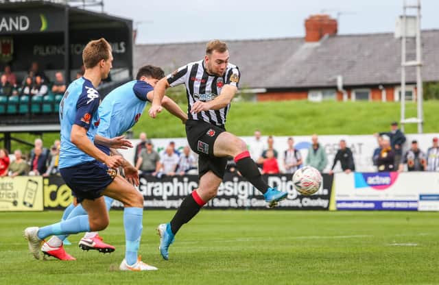 Connor Hall scores for Chorley against Southport when the two sides met in the FA Cup at Victory Park (photo:Stefan Willoughby)