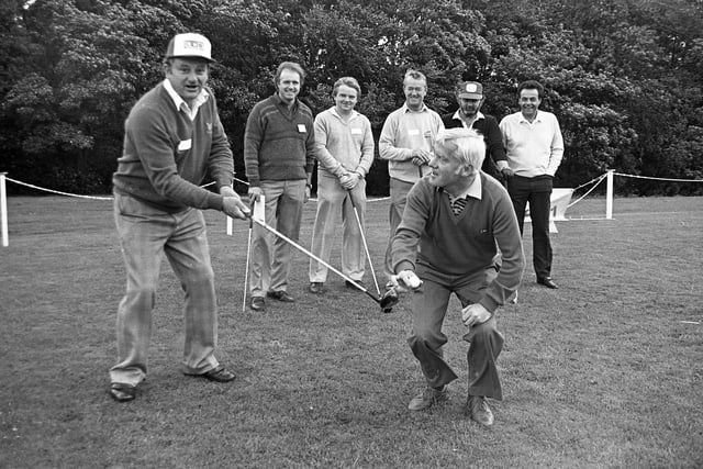 Even the attraction of the Ryder Cup failed to stop a huge turnout at Ingol Golf Club for a special Celebrity Tournament in aid of the local Heartbeat charity. Preston comedian Wandering Walter Horam prepares a different sort of shot with Ingol captain Richard Muirhead holding the ball. Also pictured (left to right): Harold Parker, Martin Lawrence, Frank Crompton, Bill Jackson and Mike Curtis.