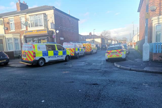 Police at the scene in Thompson Street, Ribbleton this afternoon (Monday, January 2). Pic credit: Stephen Geraghty