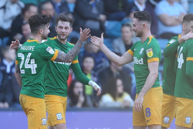 Preston North End's Sean Maguire is congratulated after scoring his side's third goal
