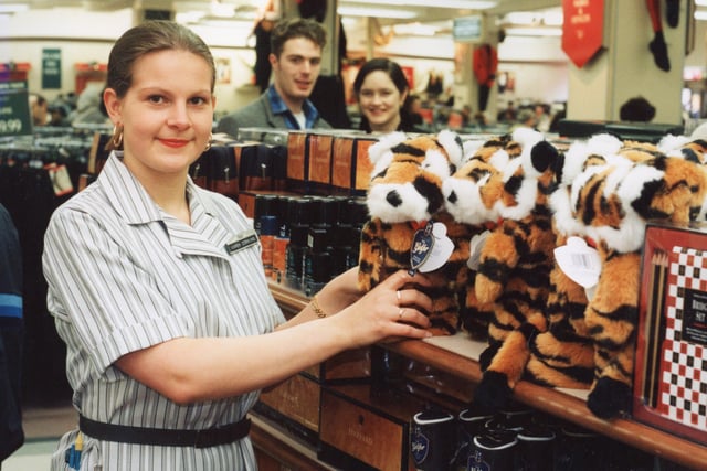 Karen Dorning pictured working the menswear department during Christmas in 1993