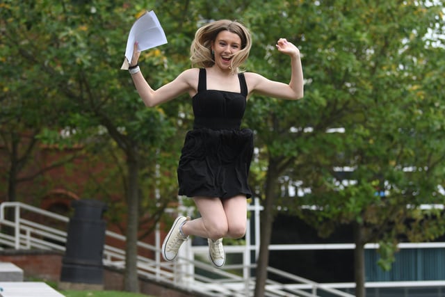 Lucy Winrow celebrates her A-Level results at Cardinal Newman College