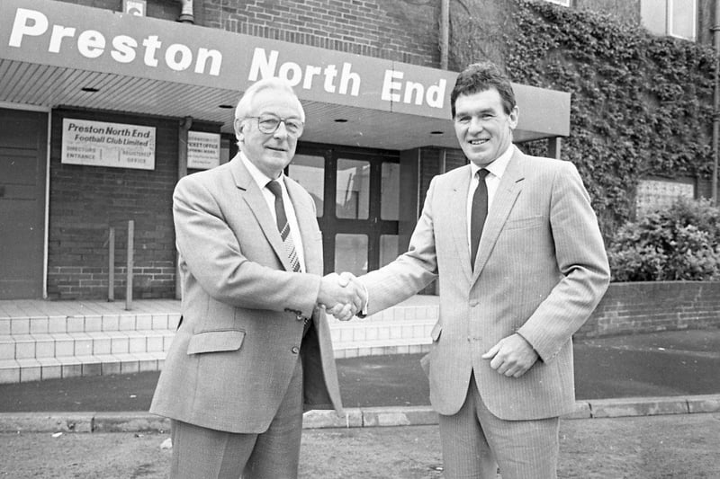 John McGrath (right) is unveiled by Preston North End chairman Keith Leeming as new manager in June 1986 