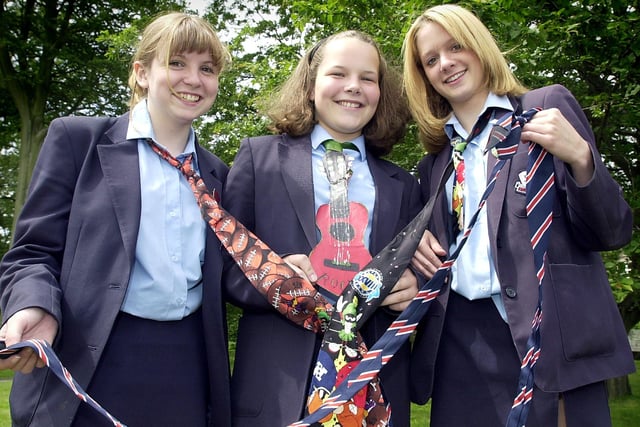 Pupils at St. Bede's High School in Lytham held a 'Tacky Tie' Day to raise funds for the Dermatology Unit at Devonshire Road Hospital in Blackpool. Pictured: Victoria Kelly, Anna Martins and Amber Ramage get in a tangle with their ties