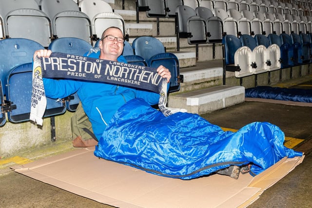 Preston fan Robert Mowatt ready for a long night at Deepdale for the Big PNE Sleep Out. Photo: Kelvin Lister-Stuttard