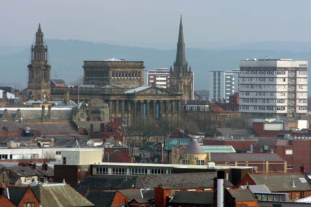 The city centre with the Harris Museum, the City Hall, the Miller Arcade and St.John's Minster Church, taken in 2004 from the spire at St Walburge's church