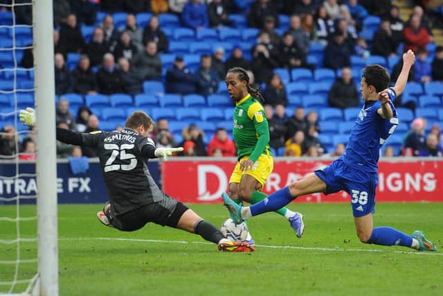 Preston North End's Daniel Johnson sees his shot saved by Cardiff City's Alex Smithies