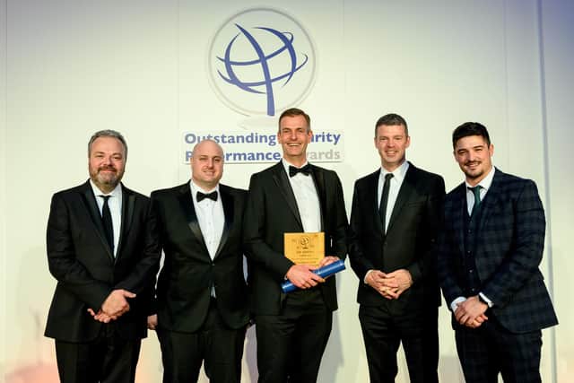 Outstanding Event Security Team of the Year was FGH Security. From left: Hal Cruttenden stand-up comedian and presenter, Ben Knott operations director FGH Security, David Mangan project director FGH Security, Peter Harrison founder & MD FGH Security and Leigh Charles director, Guardhouse sponsor.