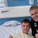 Preston North End manager Ryan Lowe visiting young forward Finlay Cross-Adair, 18, in Royal Preston Hospital last week. (Picture by Mick Adair)