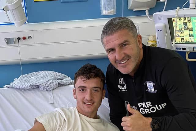 Preston North End manager Ryan Lowe visiting young forward Finlay Cross-Adair, 18, in Royal Preston Hospital last week. (Picture by Mick Adair)