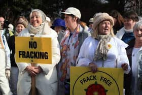 Dame Emma Thompson takes part in an anti-fracking walk and silent protest at the Cuadrilla site in Preston New Road, Lancashire