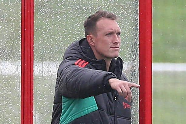 Phil looks on during the U18 Premier League match between Manchester United U18 and Newcastle U18 at Carrington Training Ground on September 30, 2023. (Photo by John Peters/Manchester United via Getty Images)