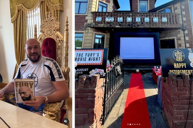 Left: Tyson on a throne in his house. Right: a red carpet laid outside the house for a family celebration