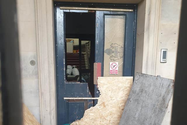 Fertiliser was found in the front entrance following this week's break-in at the landmark building (image: George Bailey)