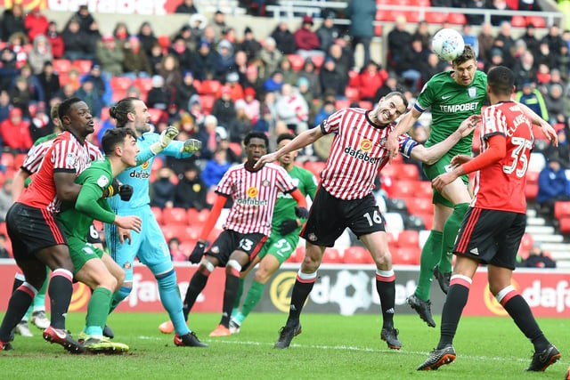 Preston's Paul Huntington heads the ball with Sunderland's John O'Shea defending.