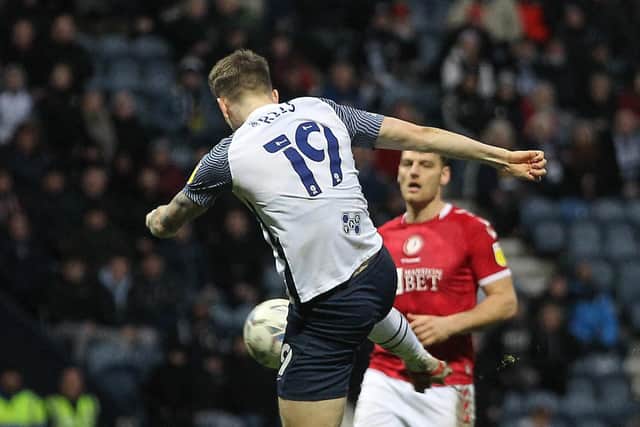 Emil Riis volleys Preston North End's stoppage-time equaliser against Bristol City at Deepdale
