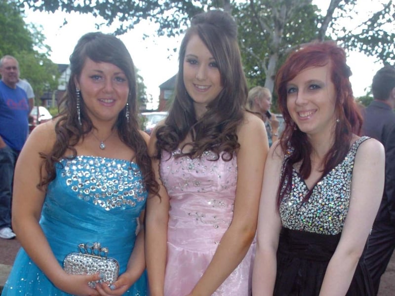 Jade Cross, Sammy Ryan and Aimee Postle arrive at the Corpus Christi Catholic Sports College Prom at Barton Grange