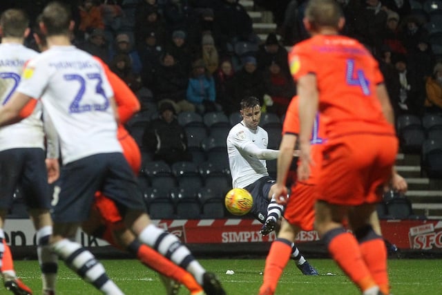 Preston North End's Andrew Hughes scores his side's third goal