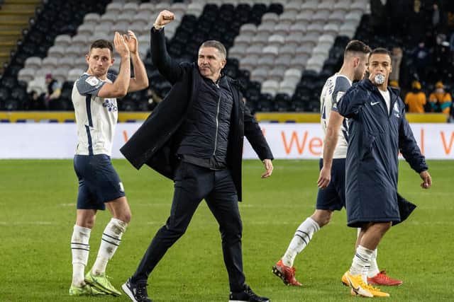 Preston North End's manager Ryan Lowe with Alan Browne, Ben Whiteman and Cameron Archer
