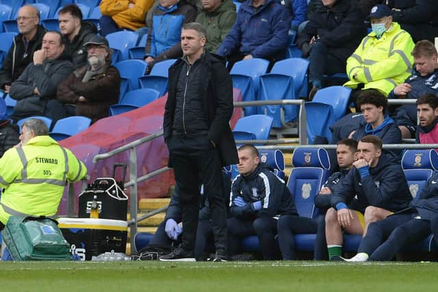 Preston North End manager Ryan Lowe watches the game against Cardiff City from the technical area
