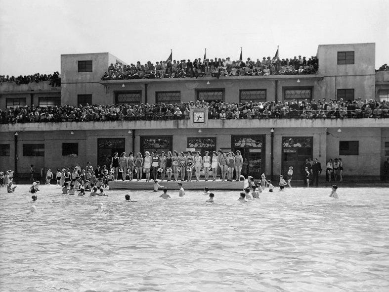 One of the heats of the beauty contests which were a regular attraction at the swimming baths.