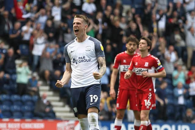 Preston North End striker Emil Riis Jakobsen celebrates scoring PNE's fourth goal against Middlesbrough at Deepdale