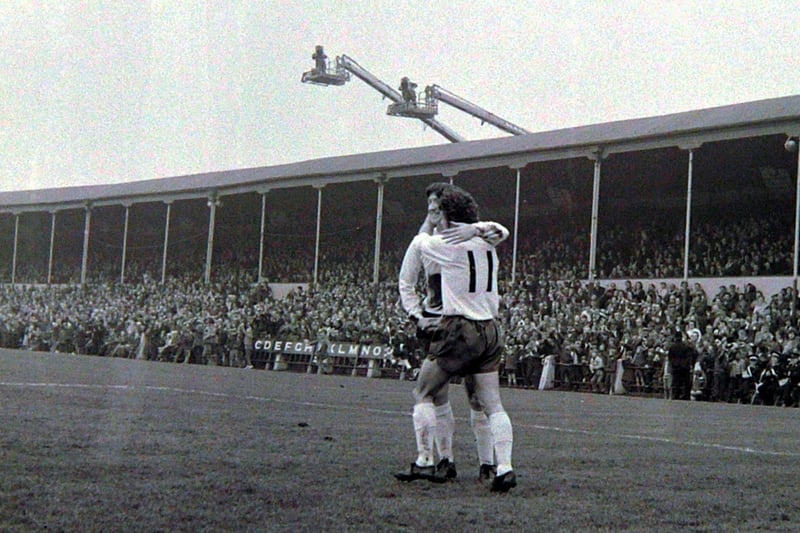 Preston North End V QPR  March 25th 1972
Alan Tarbuck (11) is congratulated after scoring - the TV cameras can be seen above the old West Stand