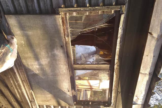 Several of the sheds on the site had their windows smashed, in one case leaving a baby seat showered in glass (image: Carmen Finn)