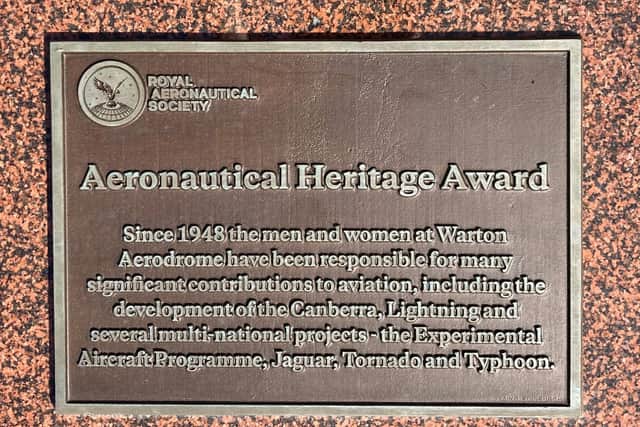One of two Royal Aeronautical Society (RAeS) heritage plaques have been awarded to BAE Systems Air. This one is at the Warton site