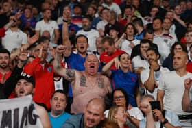 England supporters celebrate after winning the UEFA EURO 2020 semi-final football match between England and Denmark at Wembley Stadium in London on July 7, 2021. (Photo by Paul ELLIS / POOL / AFP) (Photo by PAUL ELLIS/POOL/AFP via Getty Images)