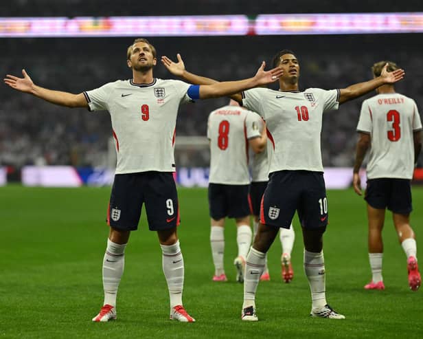 Harry Kane (left) and Jude Bellingham (right) celebrate England's first goal in the win over Mexico at the World Cup (Getty Images)