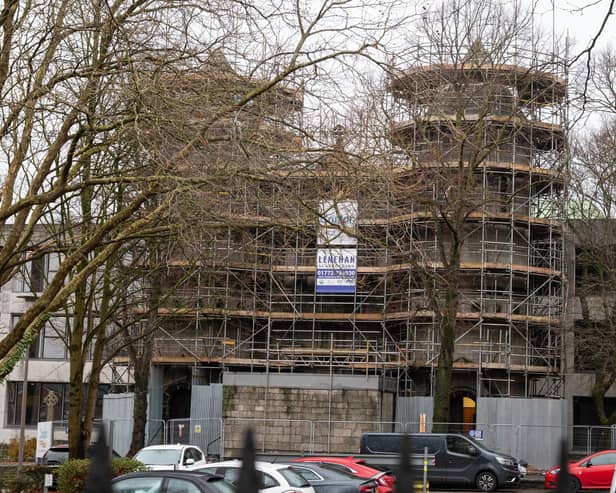 County Hall in Preston has scaffolding placed on the back and sides of the building for roof repair work. Photo: Kelvin Lister-Stuttard