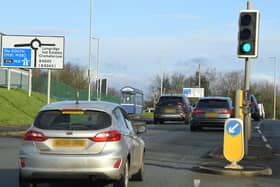 Currently, there are only two lanes on Bluebell Way heading towards the roundabout junction, except for a short filter lane for M6 traffic, which starts shorly before the lights