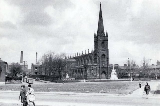 St. Ignatius Church on Meadow Street, Preston - pictured here in 1965. This Roman Catholic church is a Grade II* listed building that was designed by J. J. Scoles, with the chancel, chapels, and transepts added in 1858 by J. A. Hansom, and further alterations in 1885–86. It is built in sandstone and has slate roofs. The church is in Perpendicular style, and consists of a nave, aisles, transepts, a chancel with chapels, and a steeple flanked by a chapel and a baptistry. On the tower are battlements and corner pinnacles, and there are more pinnacles along the sides of the clerestory