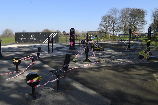 Play equipment on Moor Park lies cordoned off as lockdown forces everyone to stay indoors