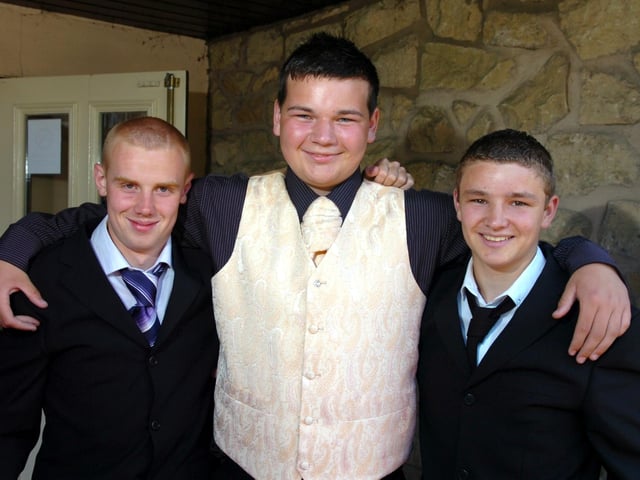 From left, Alfie Robinson, Steven Finch and Jack Bradshaw at Our Lady's High School prom in 2010