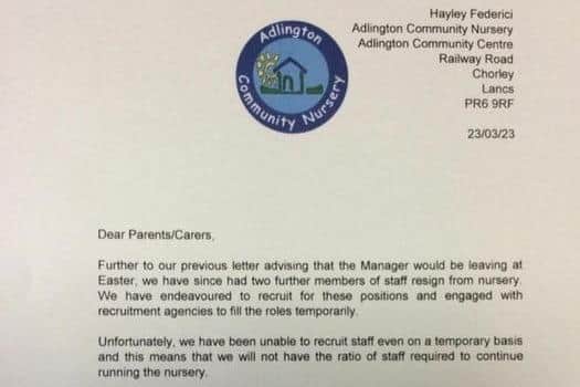 Parents were given a weeks notice about the imminent closure with the nursery committee explaining its decision in a letter dated Thursday, March 23