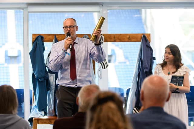 Steven Bolton, grandson of Lizzy Ashcroft, one of the original Dick, Kerr players speaks at the event which celebrated them