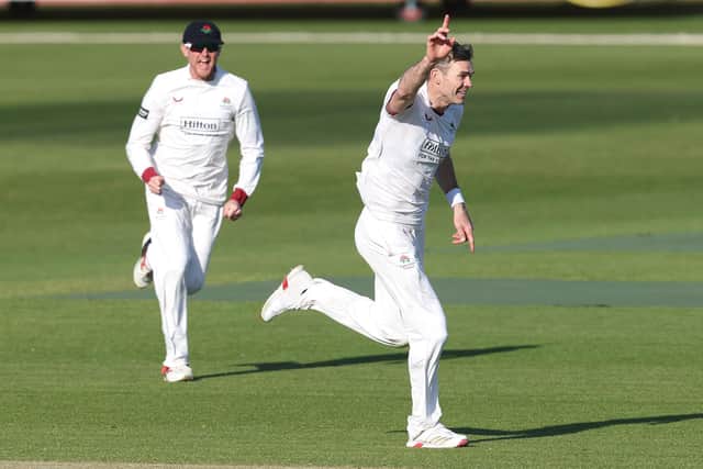 James Anderson celebrates after taking the wicket of Louis Kimber during the County Championship Division 2 match between Northamptonshire and Lancashire at The County Ground this summer (Photo by David Rogers/Getty Images)