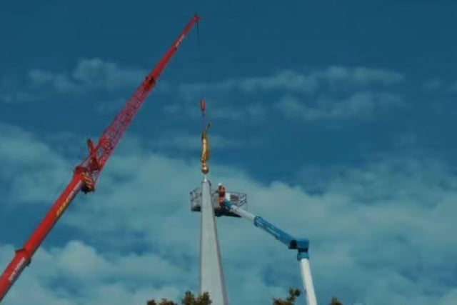 In October 2021 a giant crane and cherry picker arrived to replace the statue of the angel Moroni which has stood on top of the 48m (159 ft) spire since the opening of the Preston England Temple in 1998