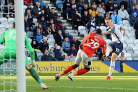 Preston North End striker Emil Riis has a shot in the 2-0 win over Luton Town at Deepdale in October