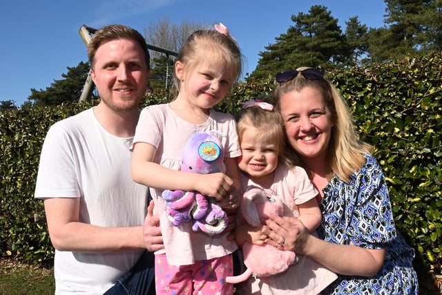 BLACKPOOL GAZETTE - LYTHAM - 08-04-23  Family fun at Lowther's Easter Surprise, with music, entertainment, fun fair and crafts over easter weekend at Lowther Gardens, Lytham.  The Spencer family, from left, Tim, Emily, four, Rosie, two, and Laura.