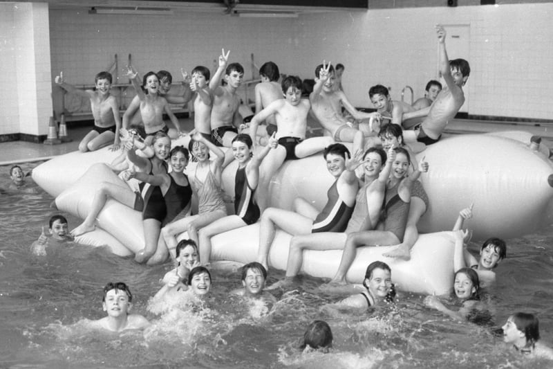 A crowded swimming pool as children enjoy Fun Swim time at Fulwood Leisure Centre during the summer holidays