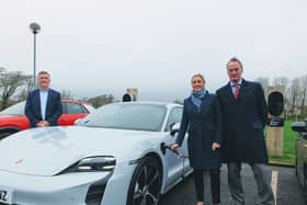 Porsche Centre Preston and Ribby Hall have teamed up to offer electric vehicle charging points. L to R: Tom Fox, managing director Porsche Centre Preston with Stephanie Harrison business strategy manager, and Paul Harrison, chief executive Ribby Hall Village